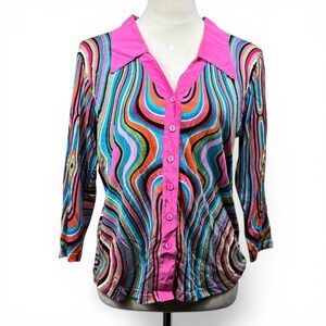 Lynn Ritchie Large Psychedelic Retro Funky Chic Art Pop Groovy Silk Blend Blouse
